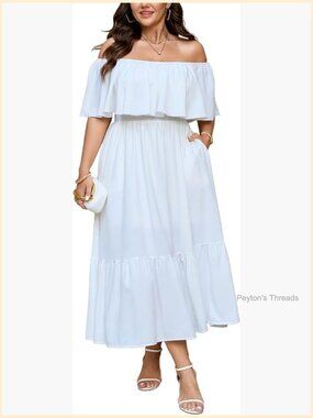 Off Shoulder Smocked Waist Ruffle Slit Maxi Dress Plus Size